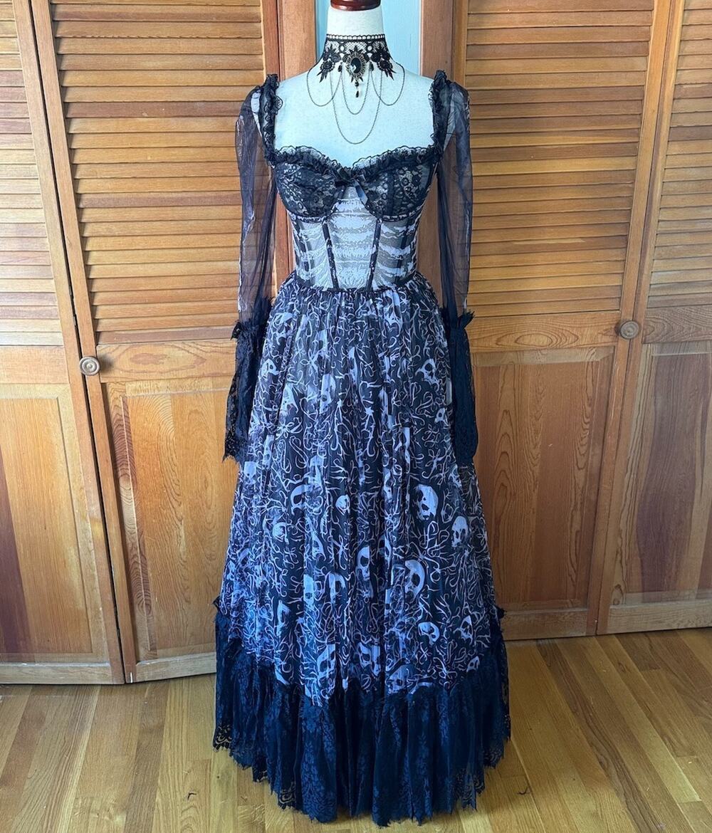 Dolls Kill Gothic Victorian Halloween Dance With Death Skulls Bones Dress Gown